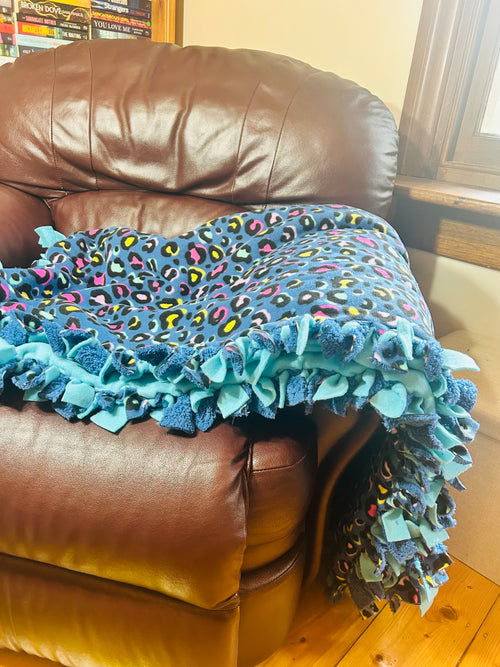 Blue Leopard print handmade fleece tie blanket