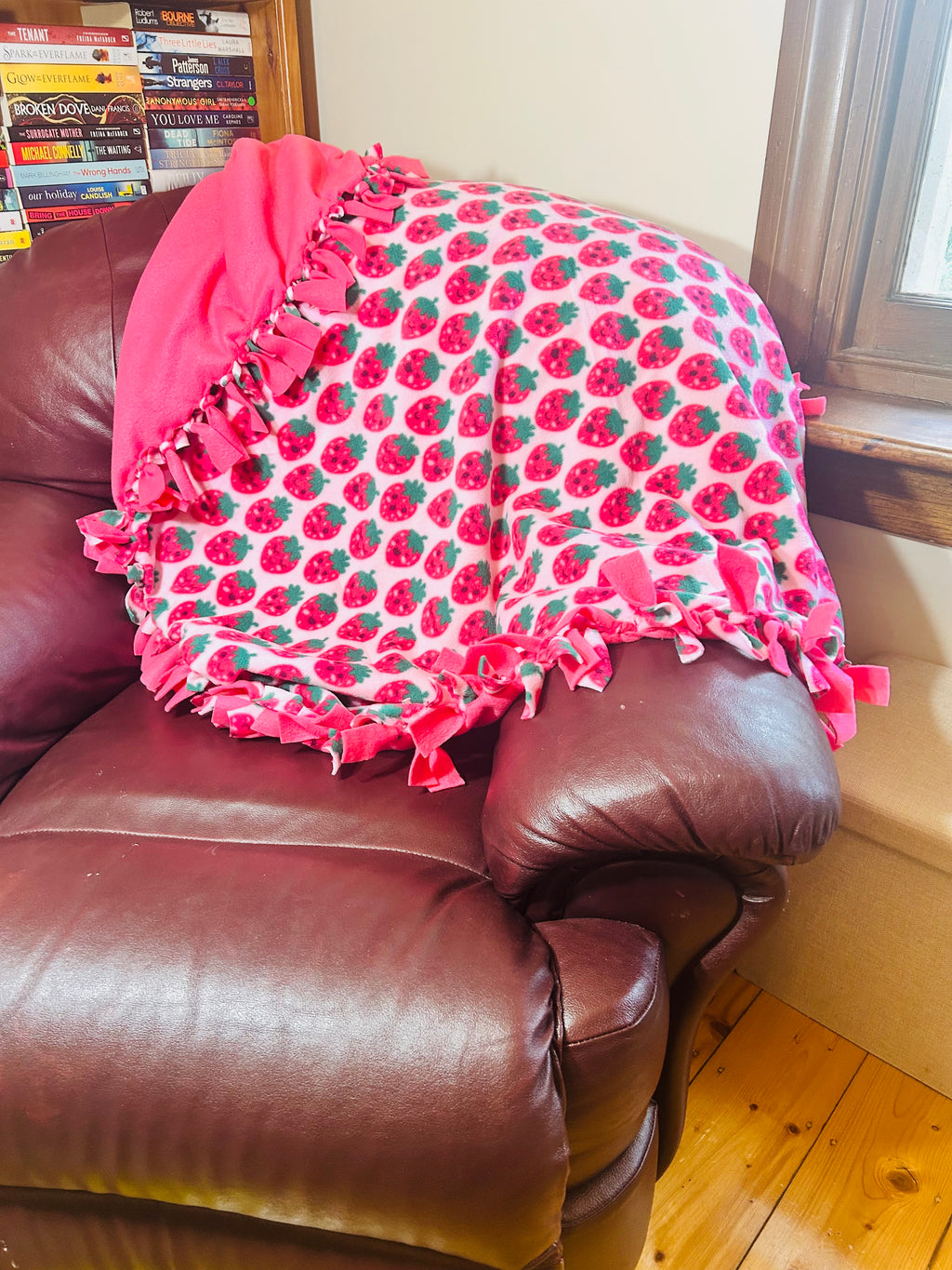 Pink Strawberry handmade fleece tie blanket