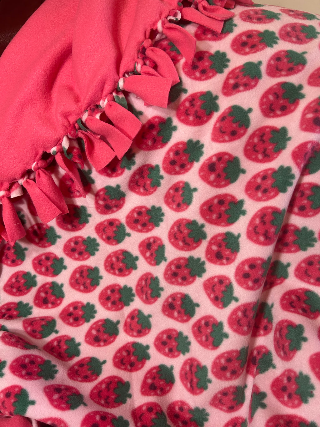 Pink Strawberry handmade fleece tie blanket