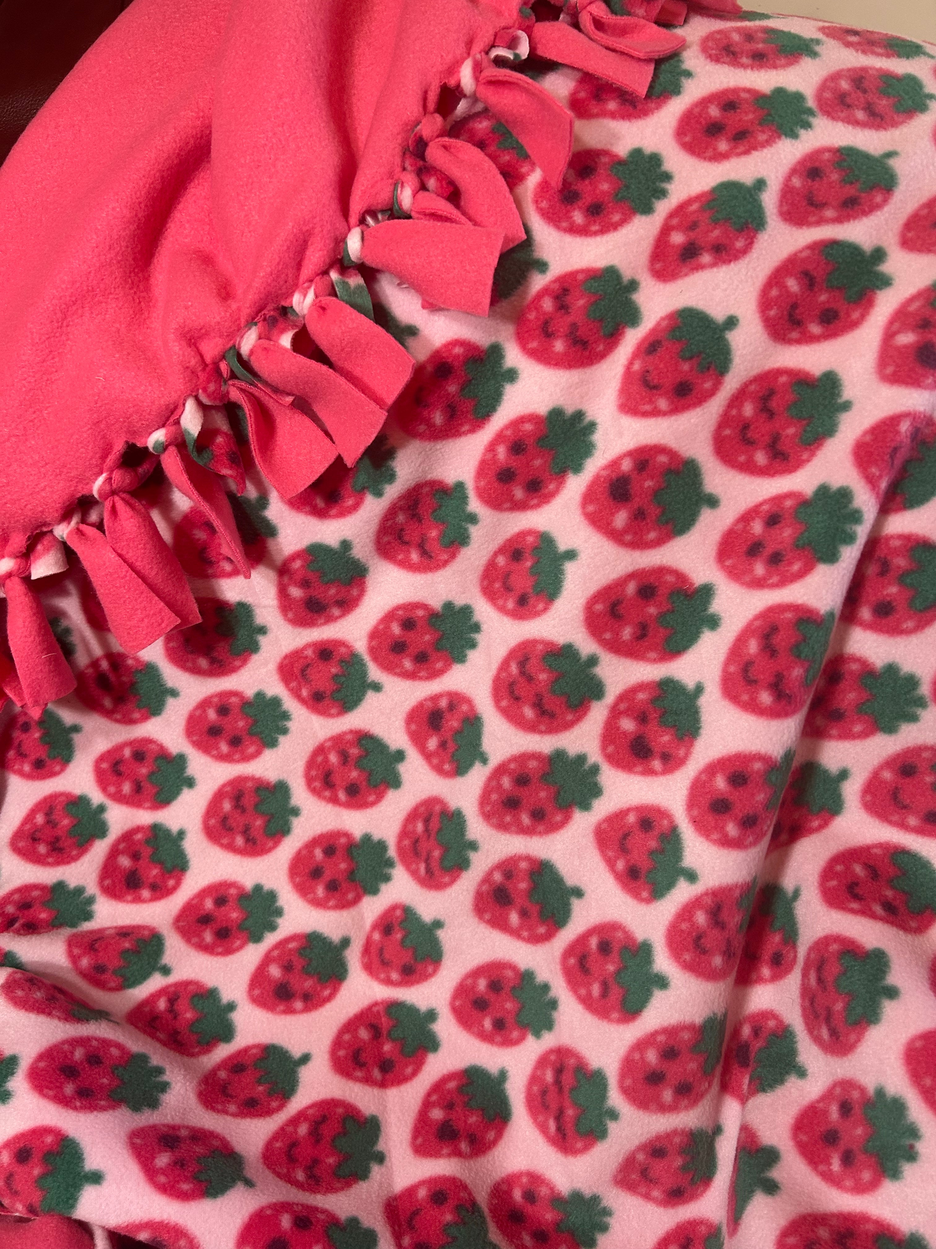 Pink Strawberry handmade fleece tie blanket