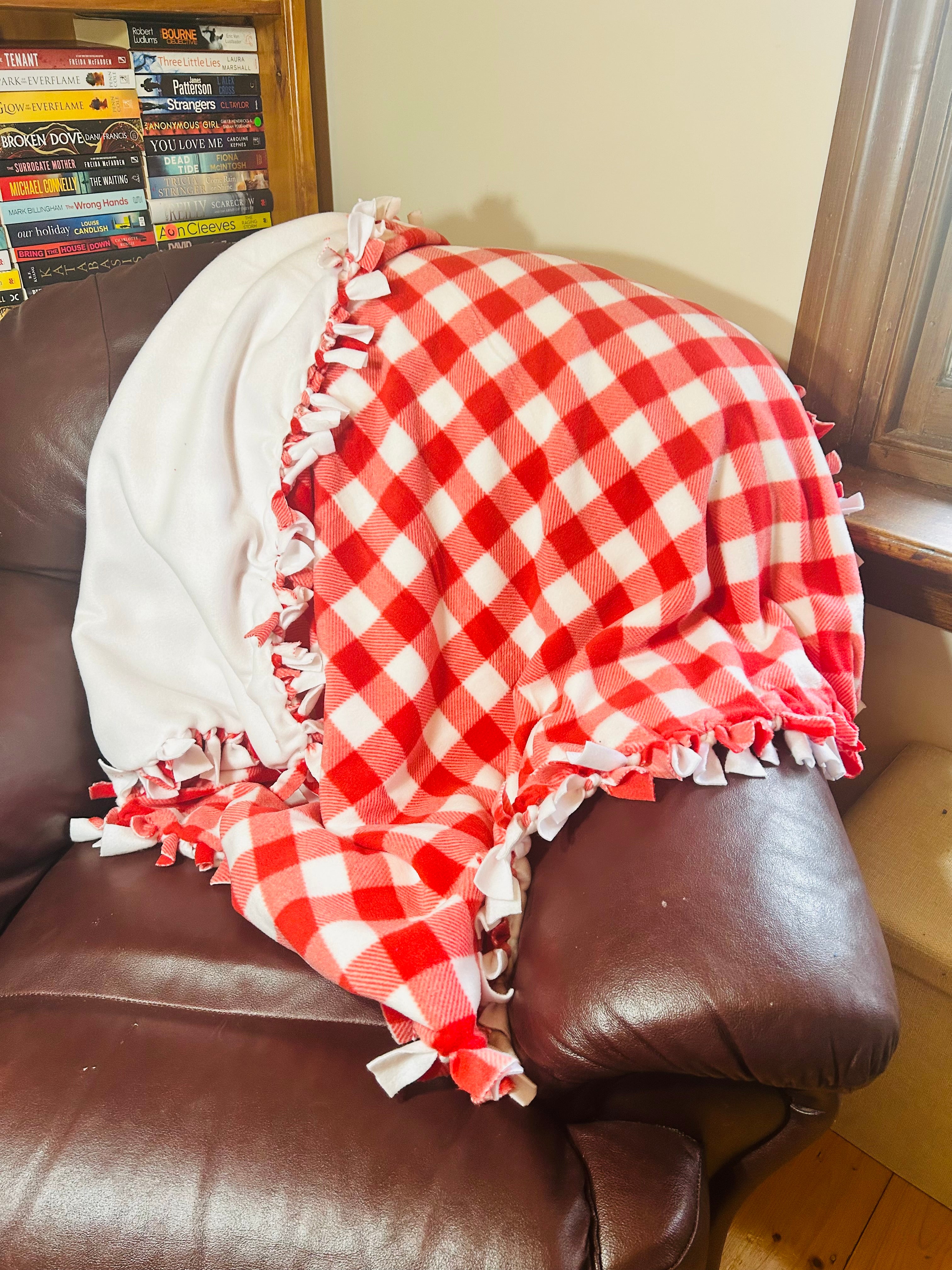 Red Gingham handmade fleece tie blanket