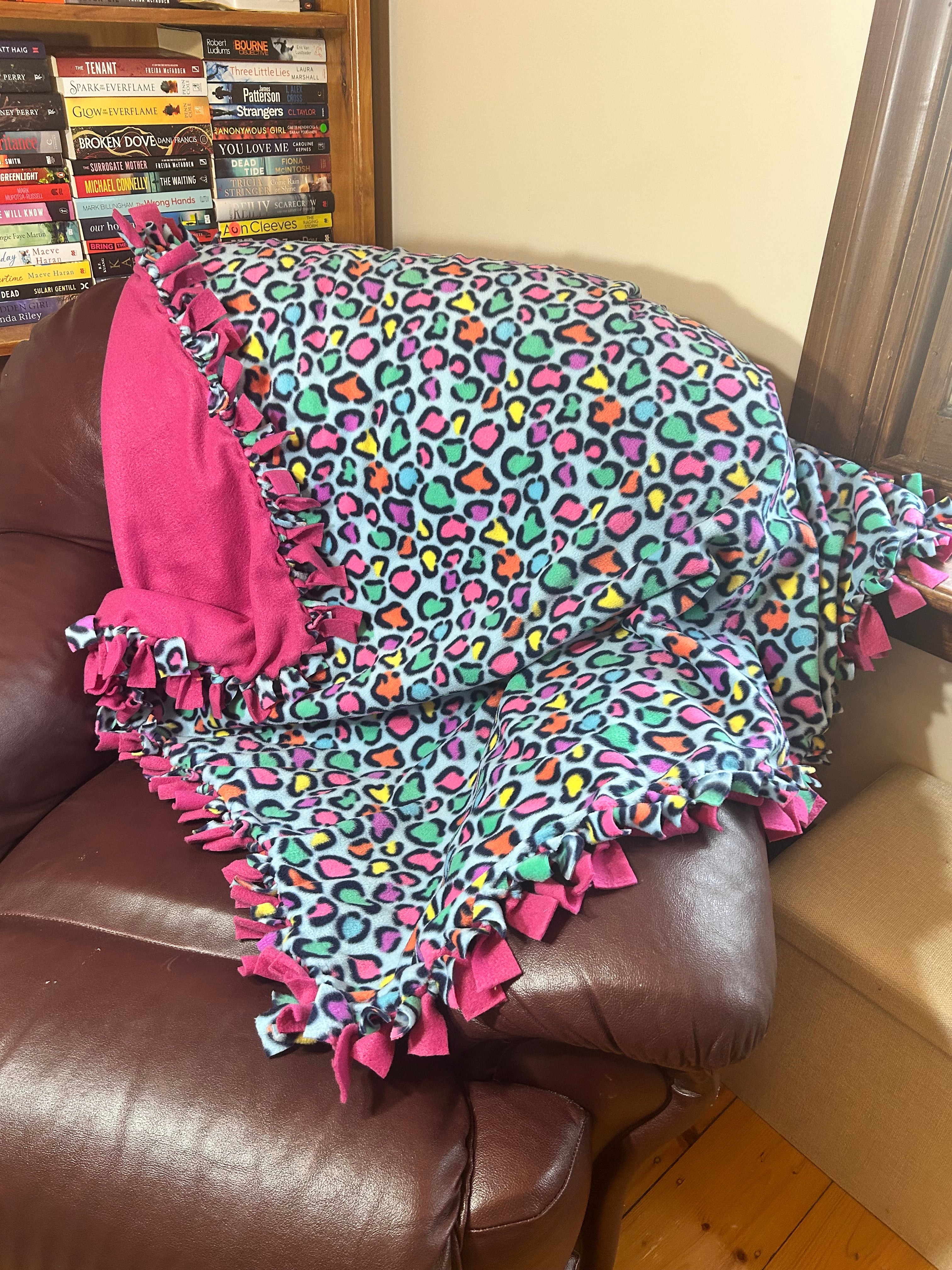 Pink Leopard print handmade fleece tie blanket