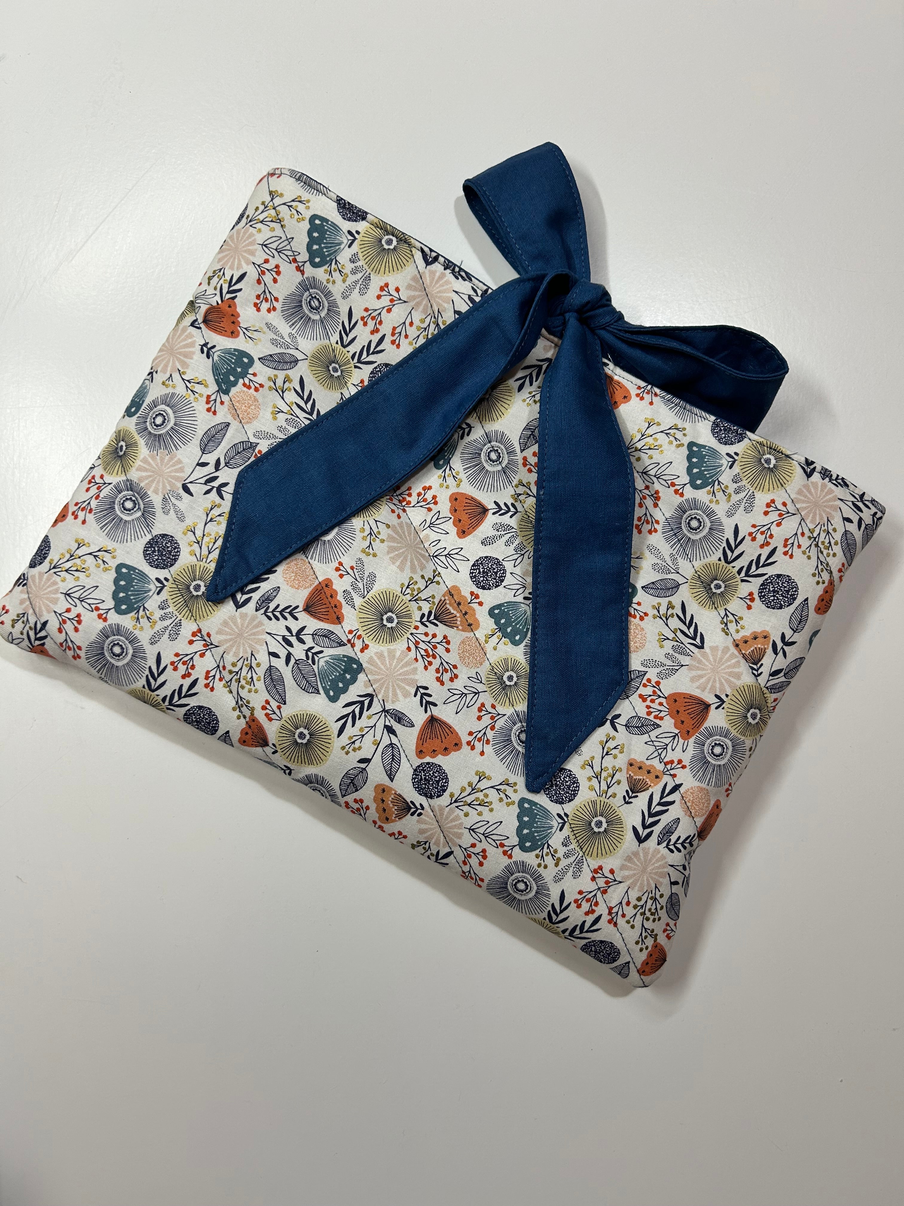 Blue and Orange Floral Book/Ipad Sleeve with Blue Lining and Ties