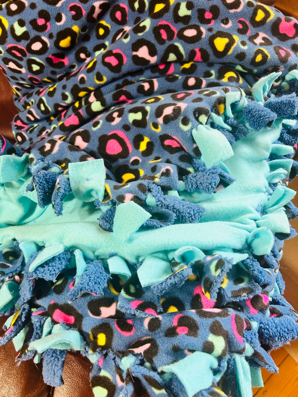 Blue Leopard print handmade fleece tie blanket