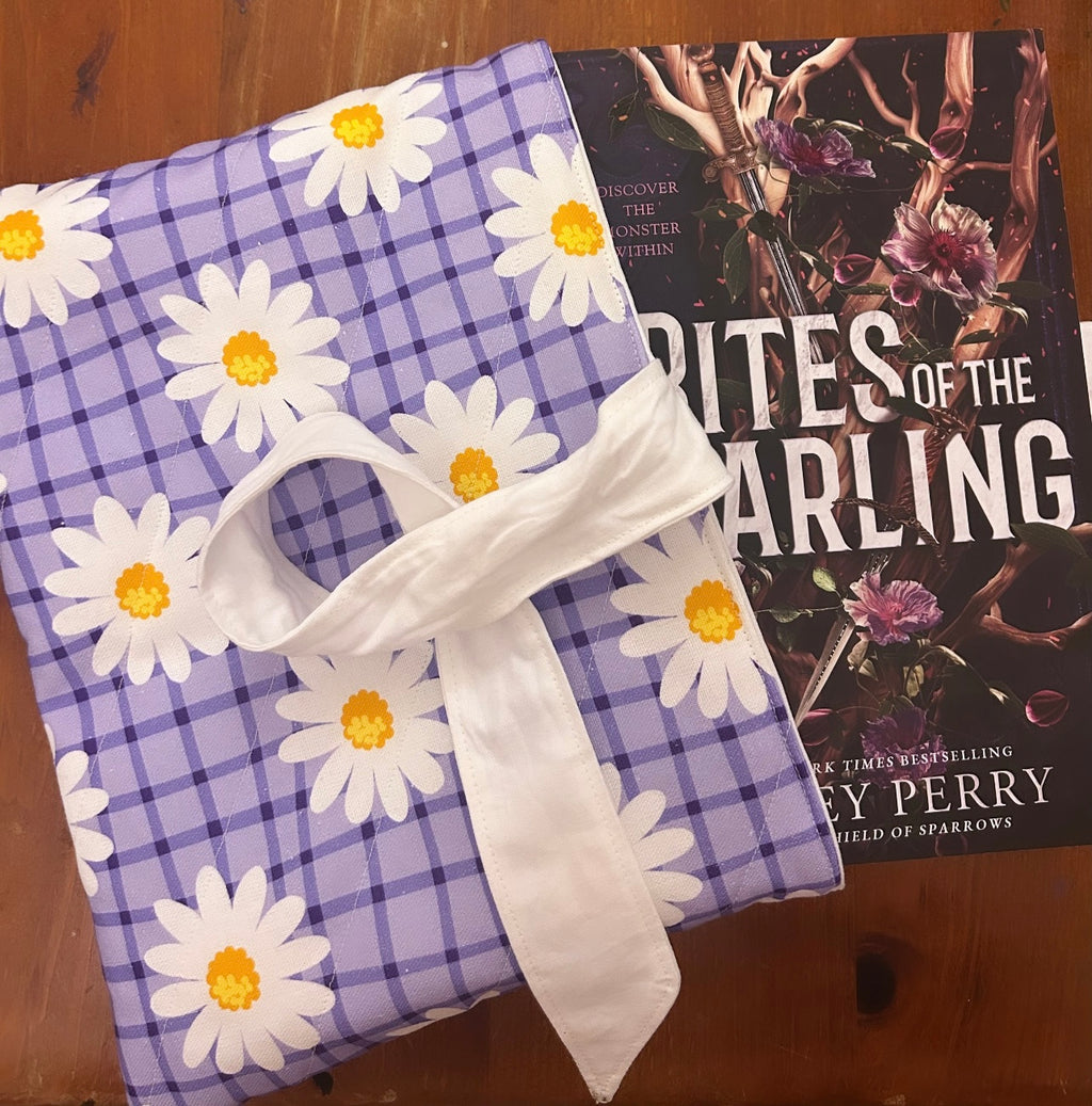Large Purple Daisy Book Sleeve with White Lining and Ribbon