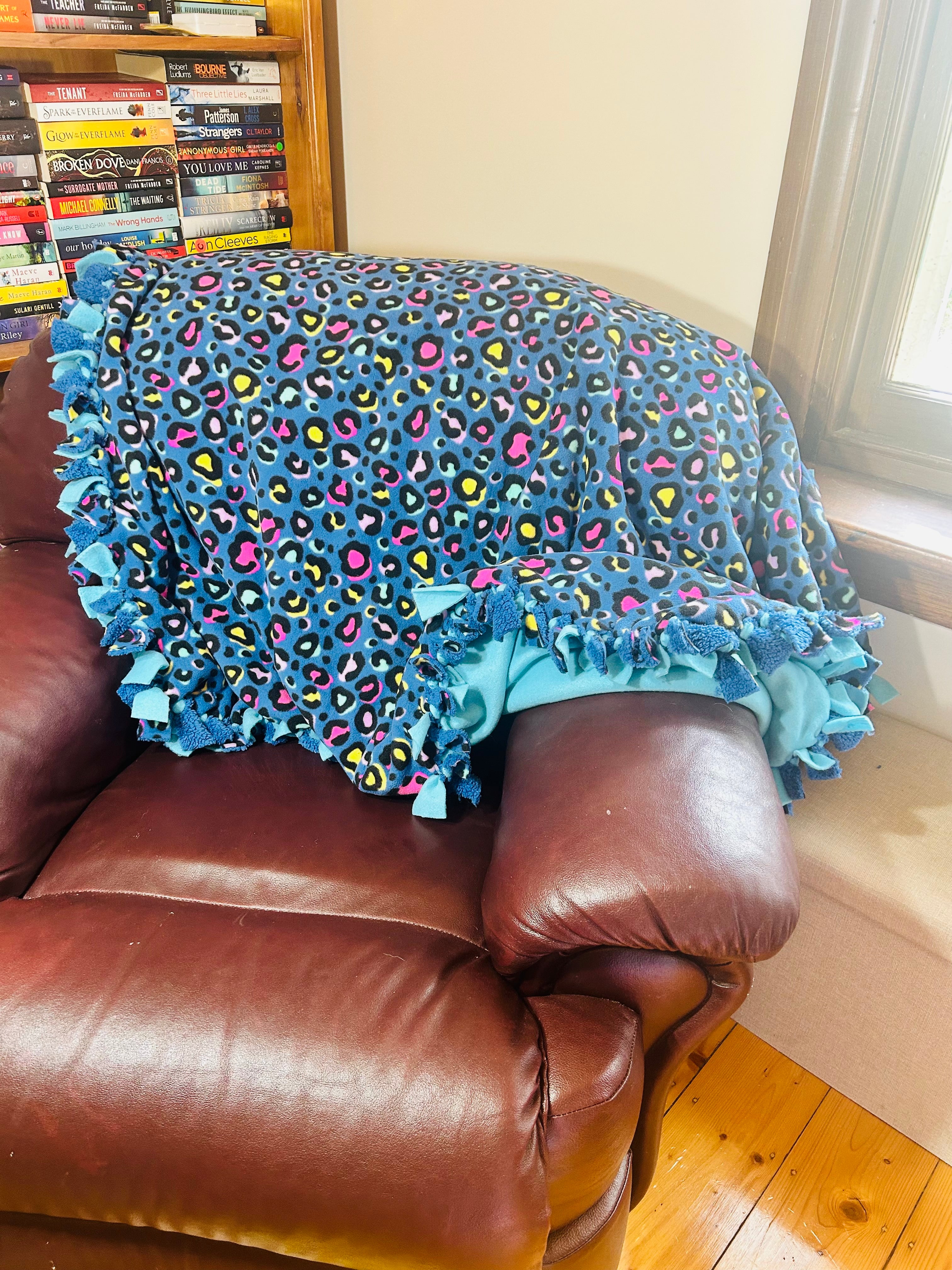 Blue Leopard print handmade fleece tie blanket