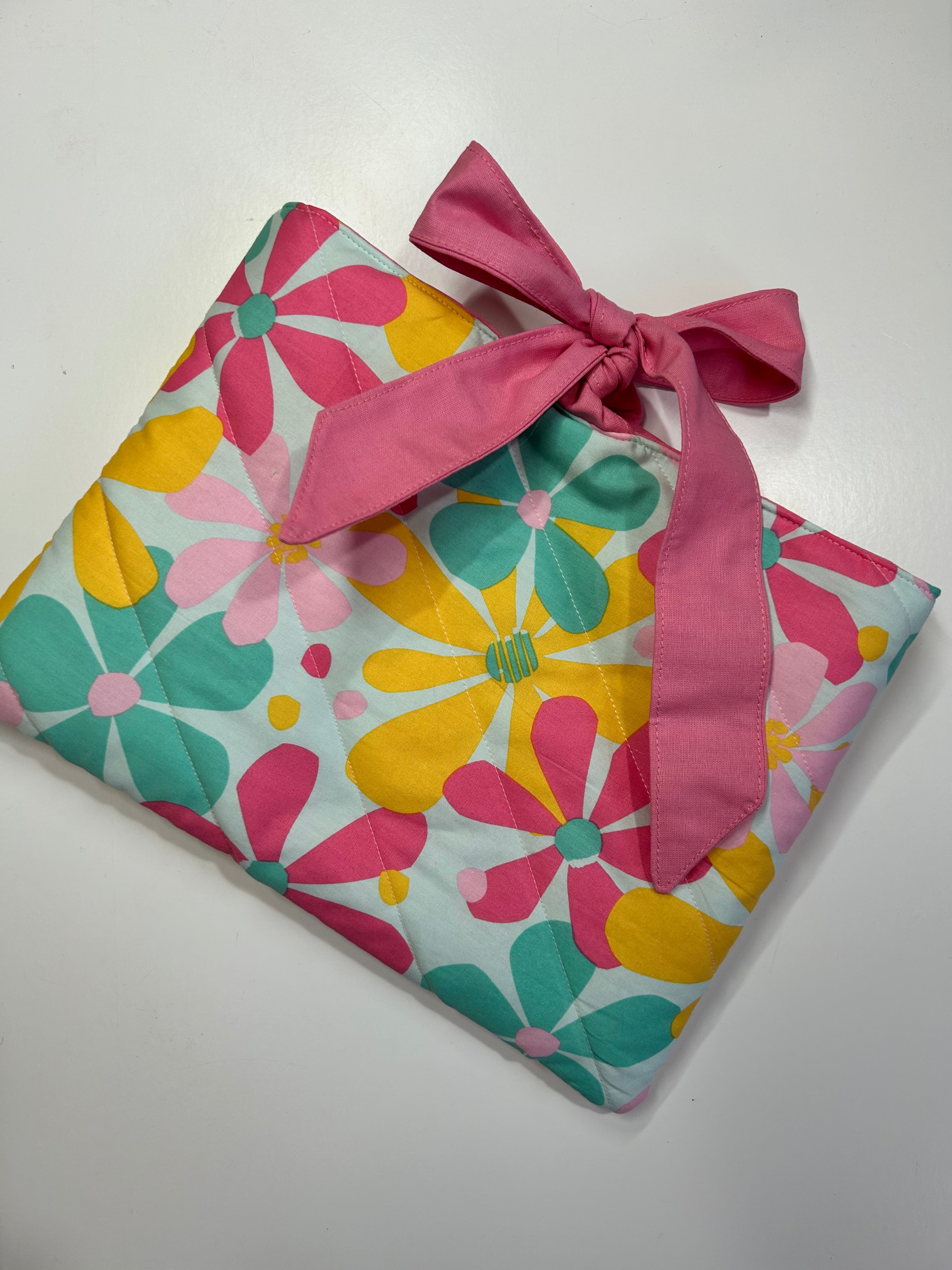 Happy Flower Book/Ipad Sleeve with Pink Lining and Ties