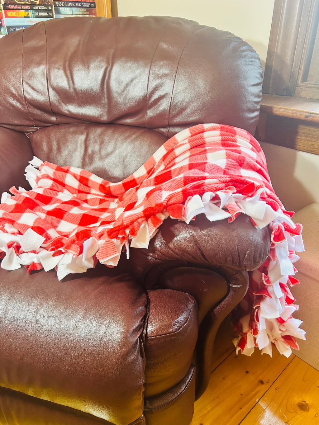 Red Gingham handmade fleece tie blanket