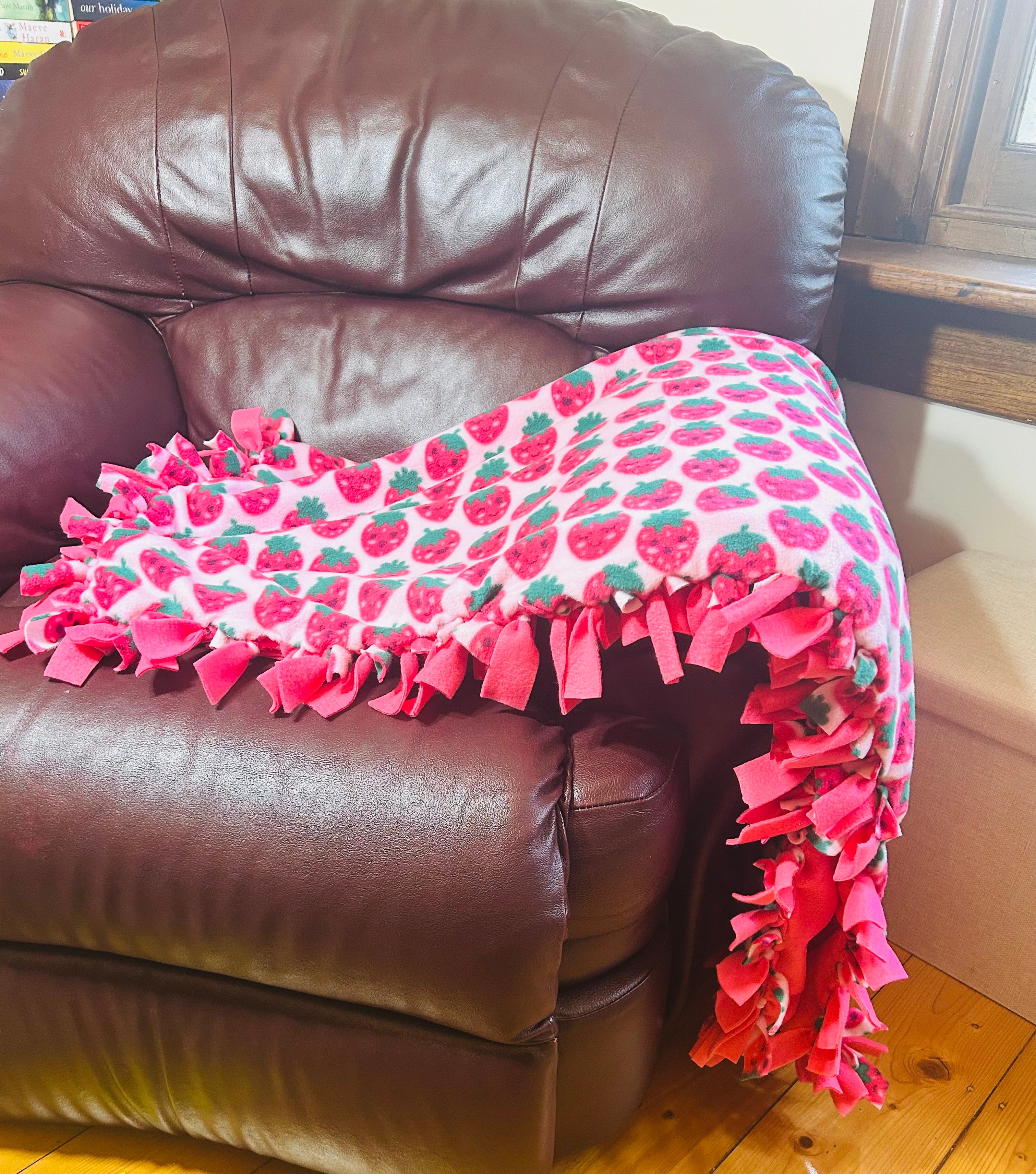 Pink Strawberry handmade fleece tie blanket