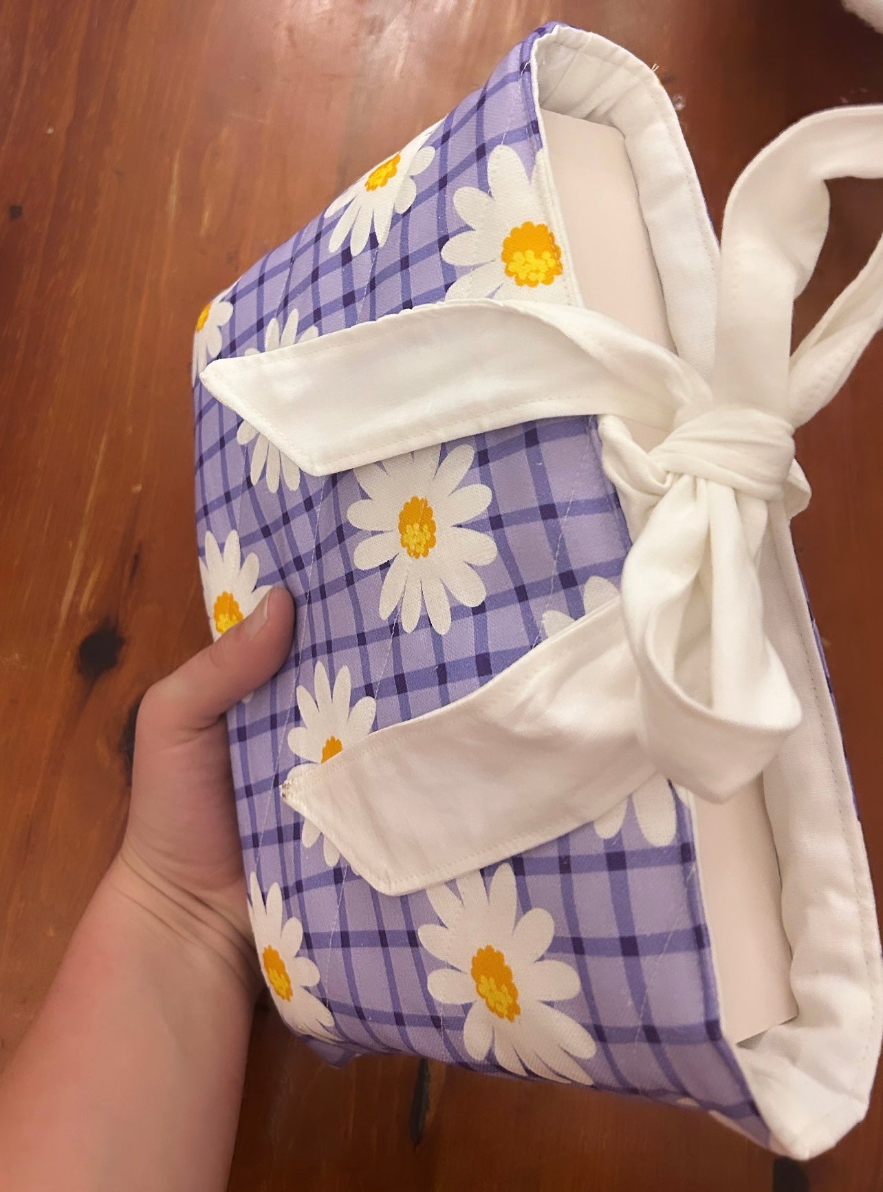 Large Purple Daisy Book Sleeve with White Lining and Ribbon