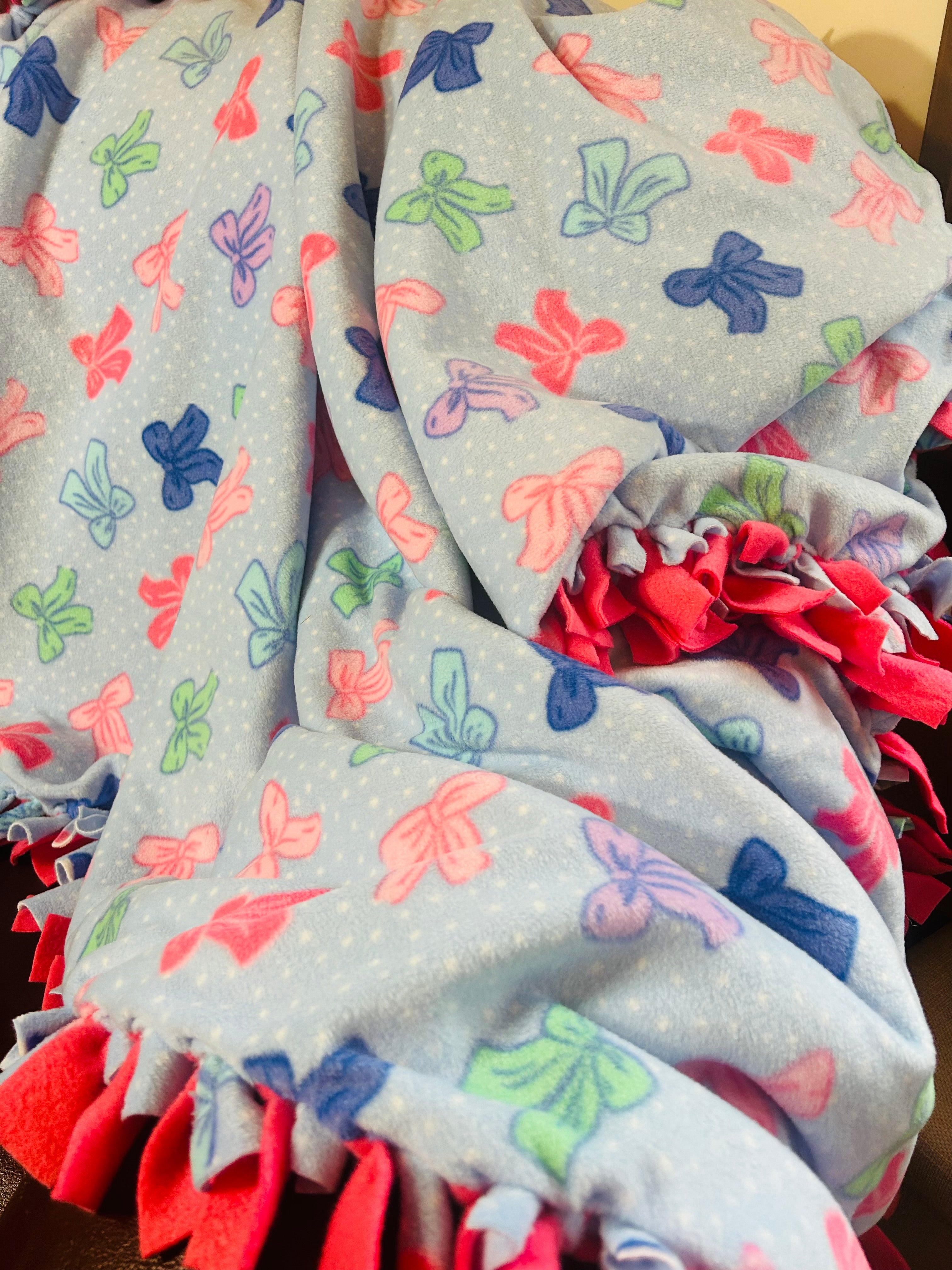 Pink Bow handmade fleece tie blanket