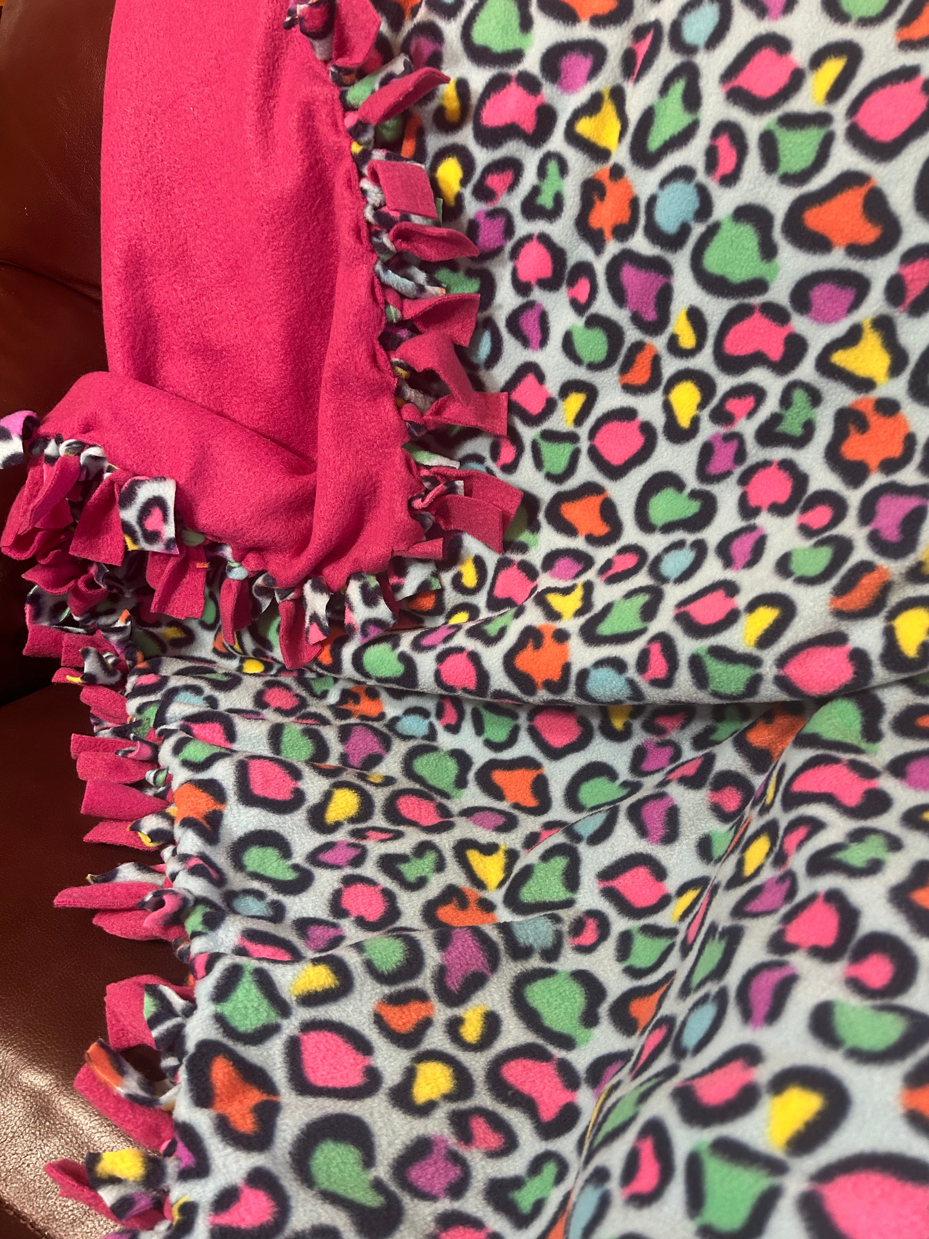 Pink Leopard print handmade fleece tie blanket