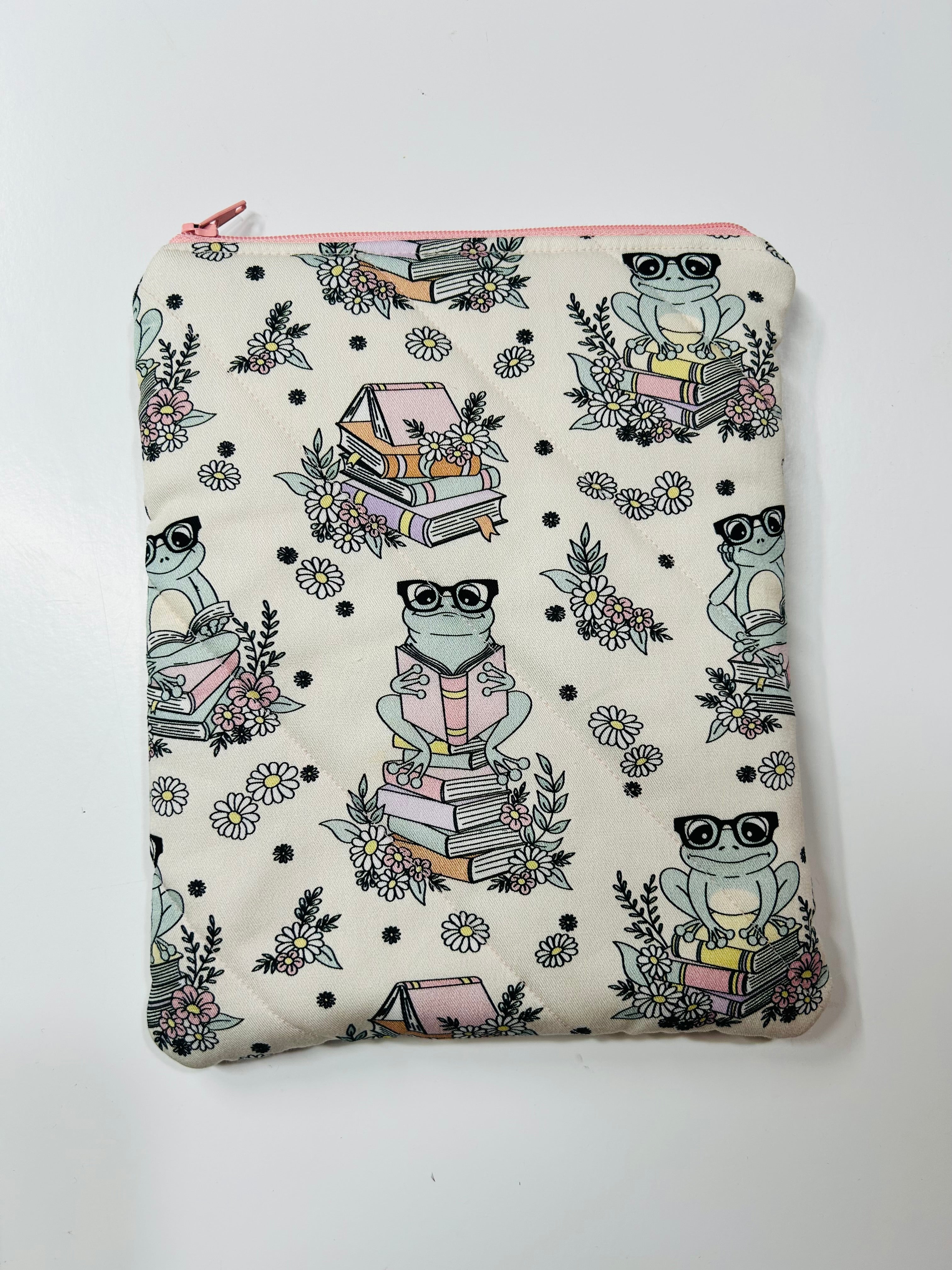 Frog and Books | Handmade Padded E-Reader Sleeve with Zip | Kindle & Kobo Case