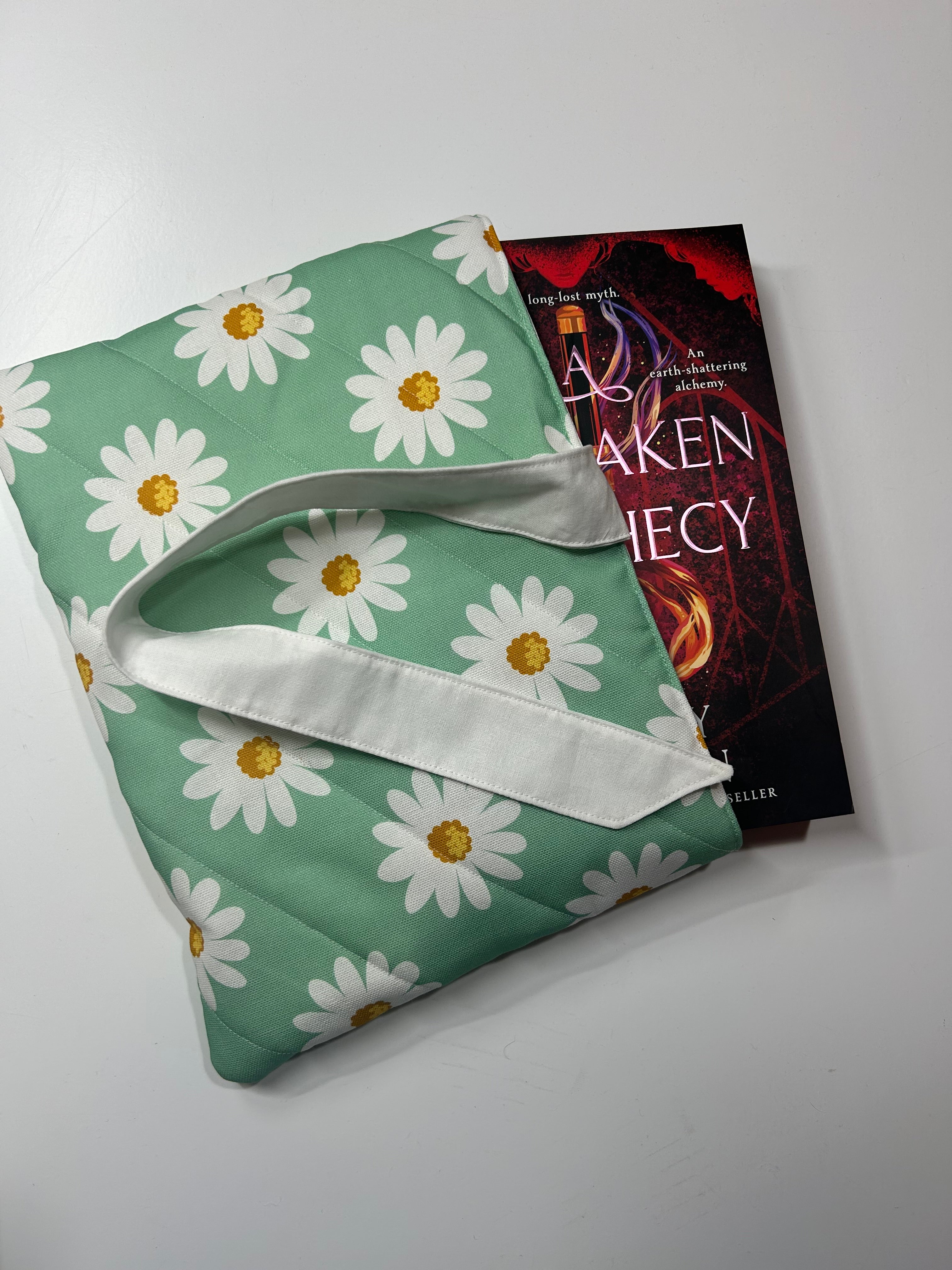 Large Teal Daisy Book Sleeve with White Lining and Ribbon