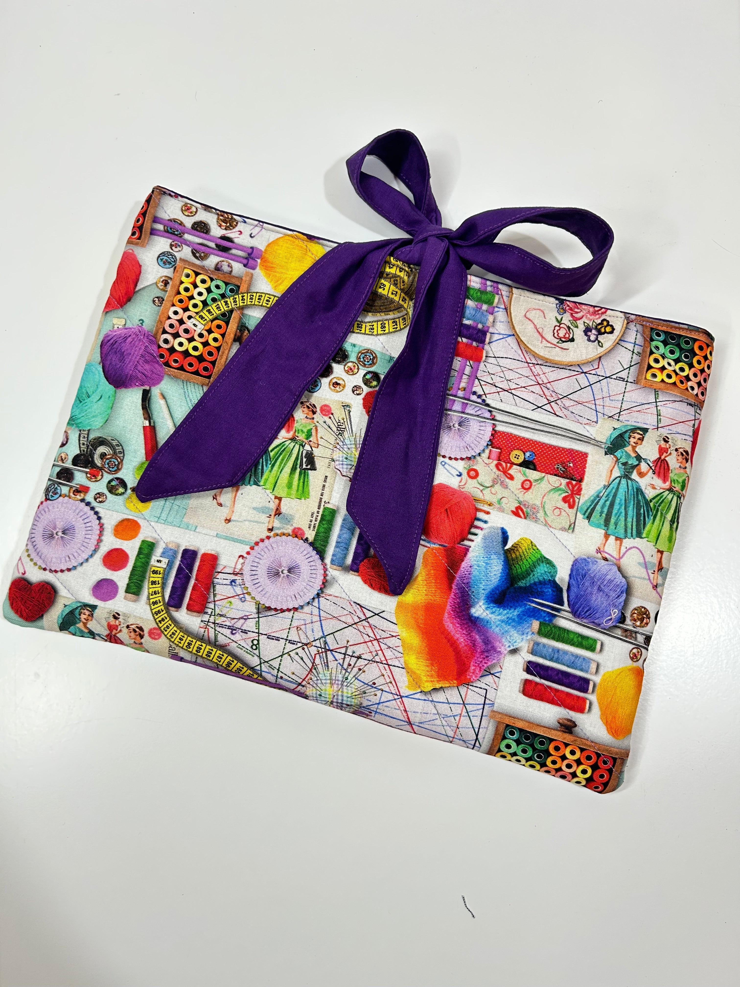 Bright Sewing Book/Ipad Sleeve with Purple Lining and Ties