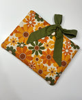 Large Orange Flower Book Sleeve with Green Lining and Tie