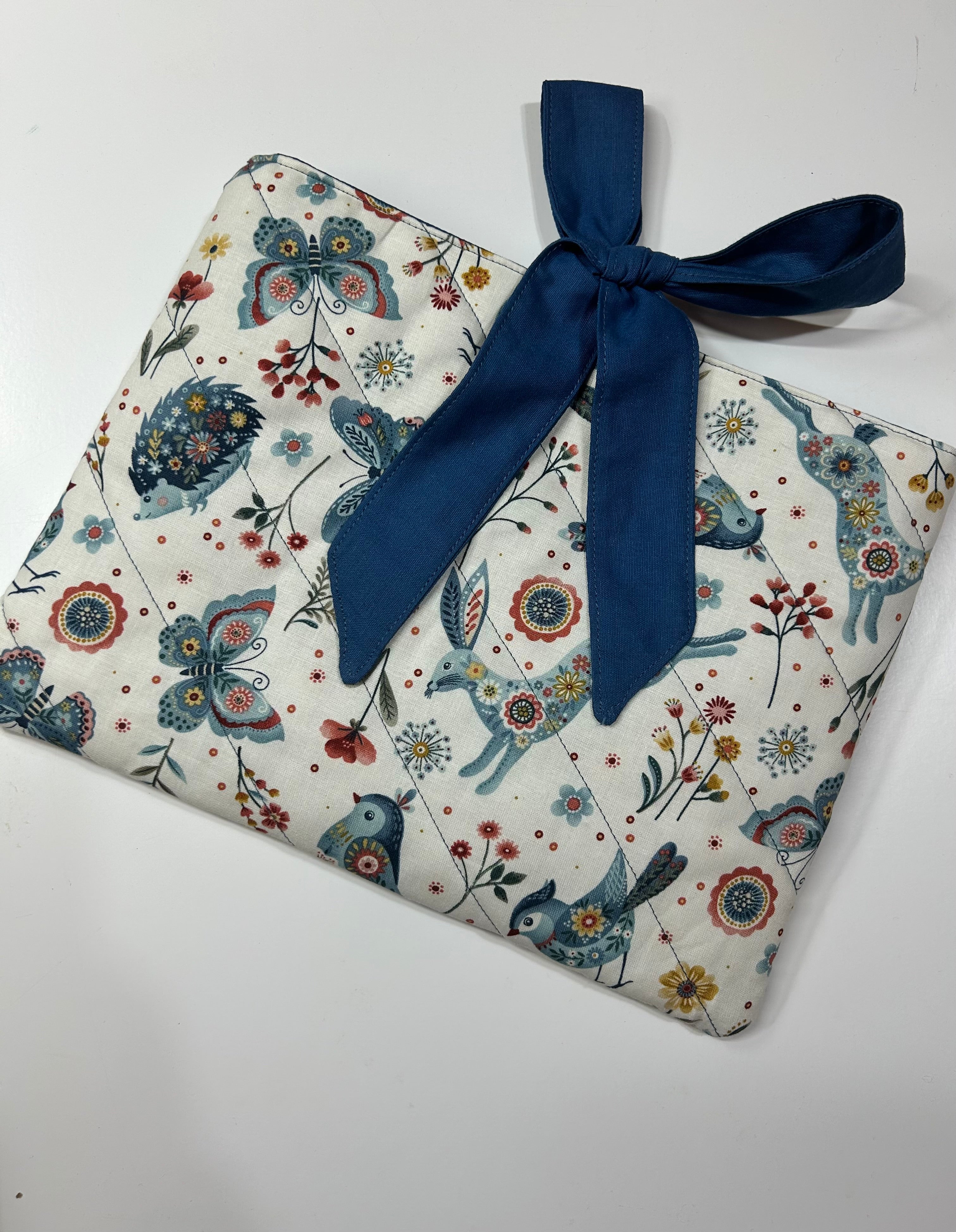 Large Butterfly and Bird Book Sleeve with Blue Lining and Tie