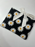 Large Black Daisy Book Sleeve with White Lining and Ribbon